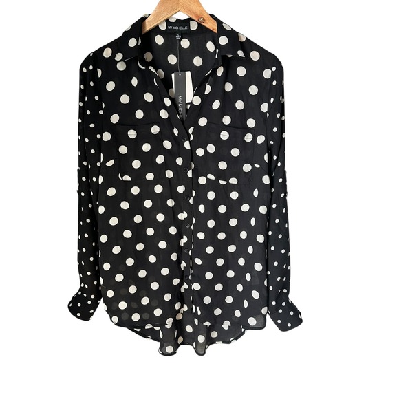 My Michelle Tops - My Michelle Blouse Black/White Polka Dot Button Down Classic Office Large‎ NWT
